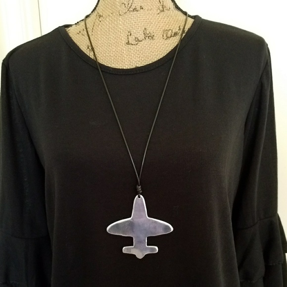 xSOLD OUTx•Silvertone ✈ statement necklace•blk. cord•NWT • - Picture 6 of 15